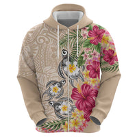 Hawaiian Tropical Flowers and Tribal Turtles Zip Hoodie Polynesian Art Motifs Beige Color LT03 - Polynesian Pride