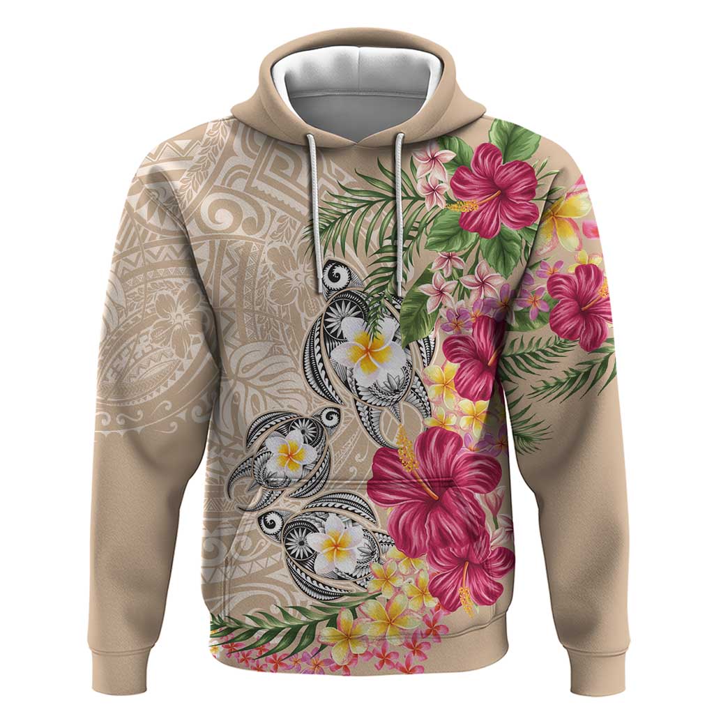 Hawaiian Tropical Flowers and Tribal Turtles Zip Hoodie Polynesian Art Motifs Beige Color LT03 Pullover Hoodie Beige - Polynesian Pride