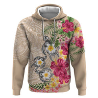 Hawaiian Tropical Flowers and Tribal Turtles Zip Hoodie Polynesian Art Motifs Beige Color LT03 Pullover Hoodie Beige - Polynesian Pride