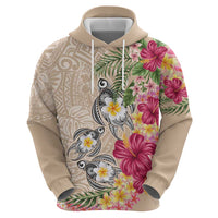 Hawaiian Tropical Flowers and Tribal Turtles Zip Hoodie Polynesian Art Motifs Beige Color LT03 - Polynesian Pride