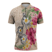 Hawaiian Tropical Flowers and Tribal Turtles Zipper Polo Shirt Polynesian Art Motifs Beige Color LT03 Beige - Polynesian Pride