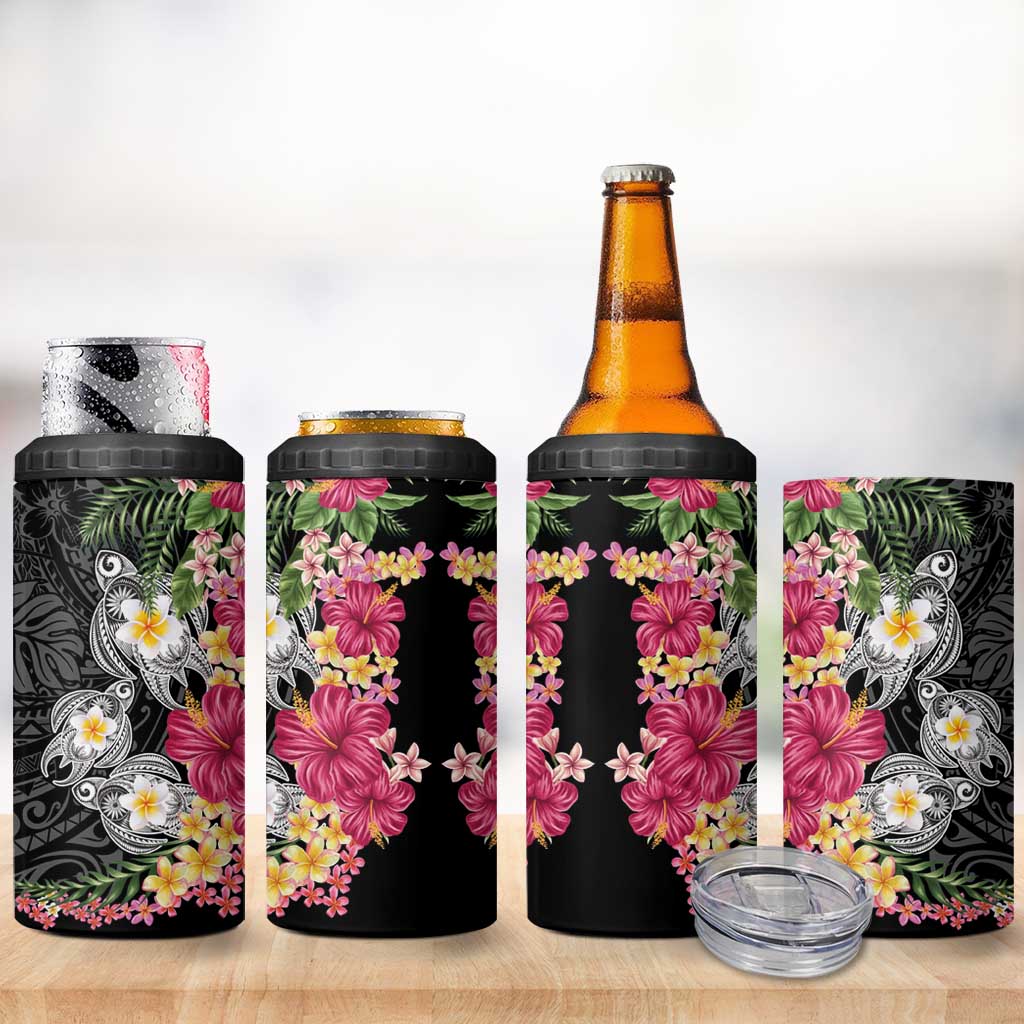 Hawaiian Tropical Flowers and Tribal Turtles 4 in 1 Can Cooler Tumbler Polynesian Art Motifs Black Color LT03 - Polynesian Pride