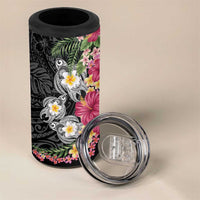 Hawaiian Tropical Flowers and Tribal Turtles 4 in 1 Can Cooler Tumbler Polynesian Art Motifs Black Color LT03 - Polynesian Pride