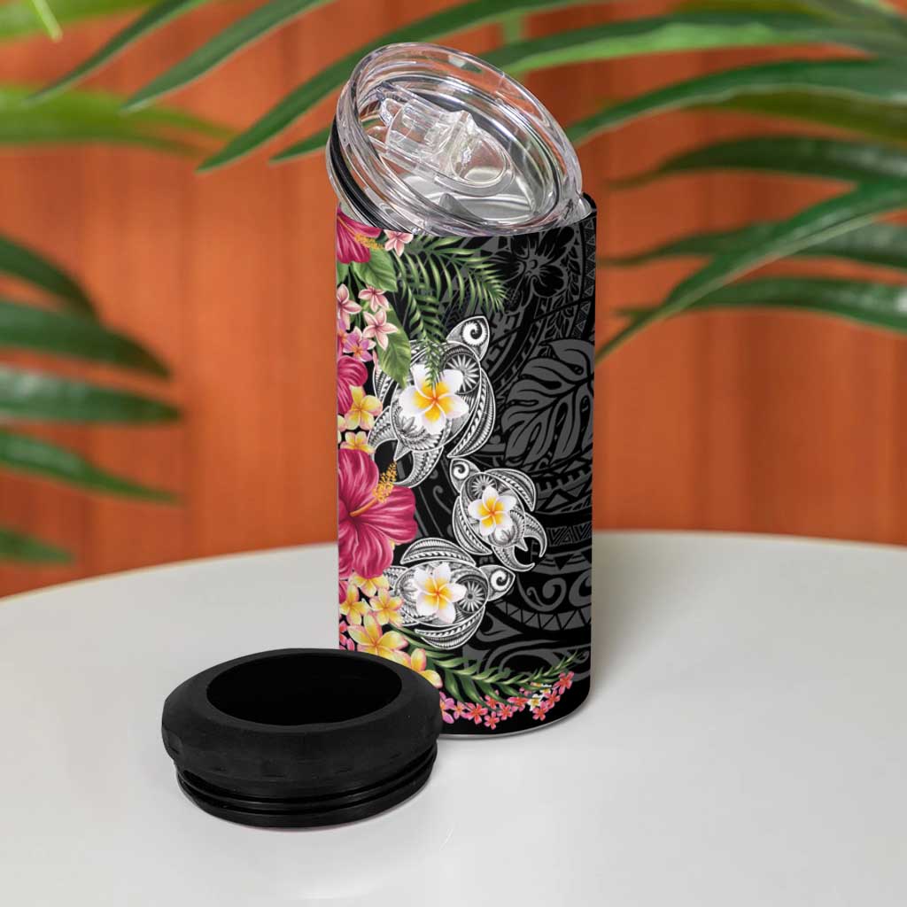 Hawaiian Tropical Flowers and Tribal Turtles 4 in 1 Can Cooler Tumbler Polynesian Art Motifs Black Color LT03 - Polynesian Pride