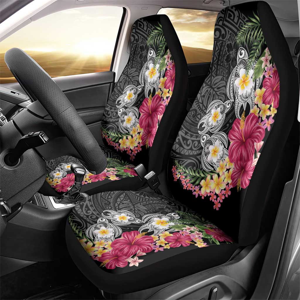 Hawaiian Tropical Flowers and Tribal Turtles Car Seat Cover Polynesian Art Motifs Black Color LT03 - Polynesian Pride