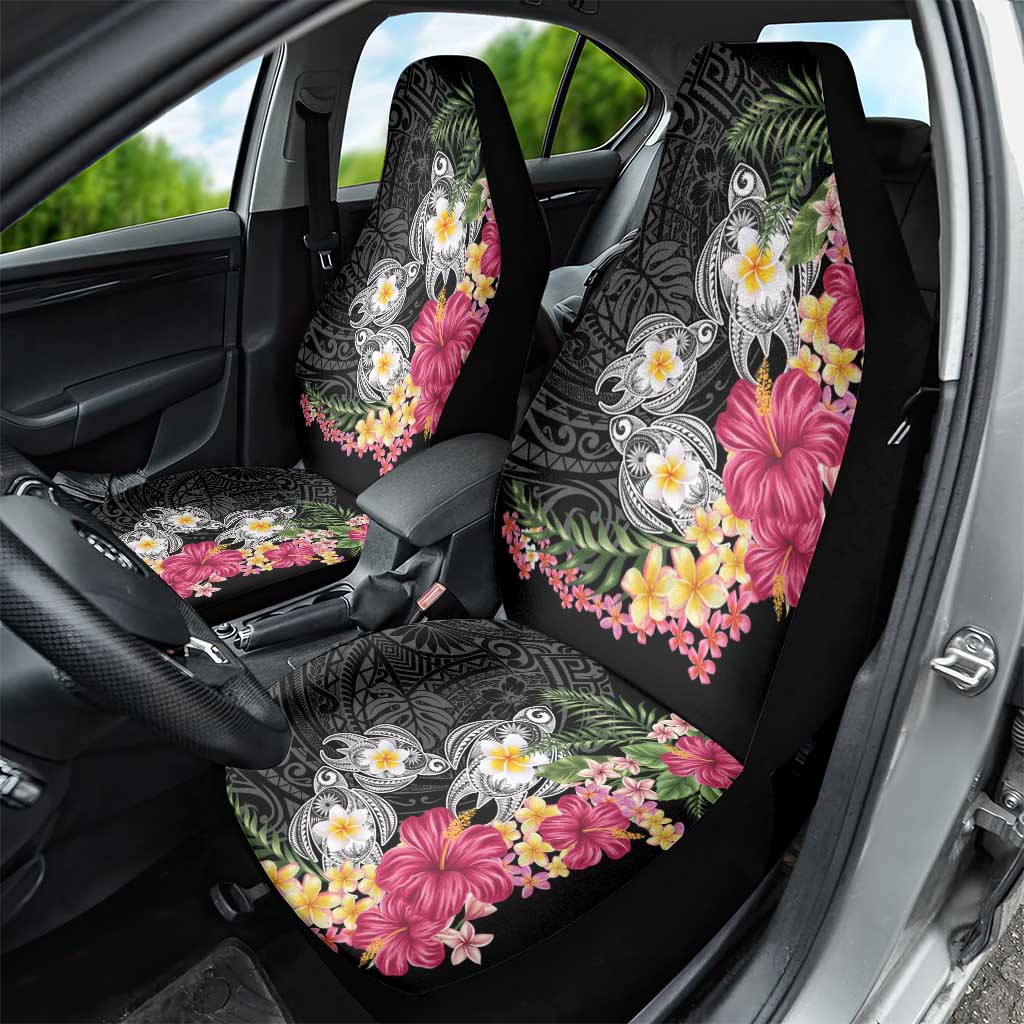Hawaiian Tropical Flowers and Tribal Turtles Car Seat Cover Polynesian Art Motifs Black Color LT03 - Polynesian Pride