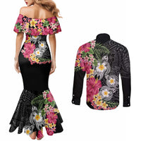 Hawaiian Tropical Flowers and Tribal Turtles Couples Matching Mermaid Dress and Long Sleeve Button Shirt Polynesian Art Motifs Black Color LT03 - Polynesian Pride