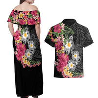 Hawaiian Tropical Flowers and Tribal Turtles Couples Matching Off Shoulder Maxi Dress and Hawaiian Shirt Polynesian Art Motifs Black Color LT03 - Polynesian Pride