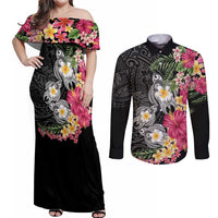Hawaiian Tropical Flowers and Tribal Turtles Couples Matching Off Shoulder Maxi Dress and Long Sleeve Button Shirt Polynesian Art Motifs Black Color LT03 Black - Polynesian Pride