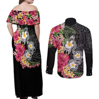 Hawaiian Tropical Flowers and Tribal Turtles Couples Matching Off Shoulder Maxi Dress and Long Sleeve Button Shirt Polynesian Art Motifs Black Color LT03 - Polynesian Pride