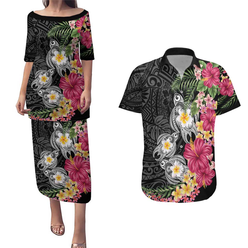 Hawaiian Tropical Flowers and Tribal Turtles Couples Matching Puletasi and Hawaiian Shirt Polynesian Art Motifs Black Color LT03 Black - Polynesian Pride