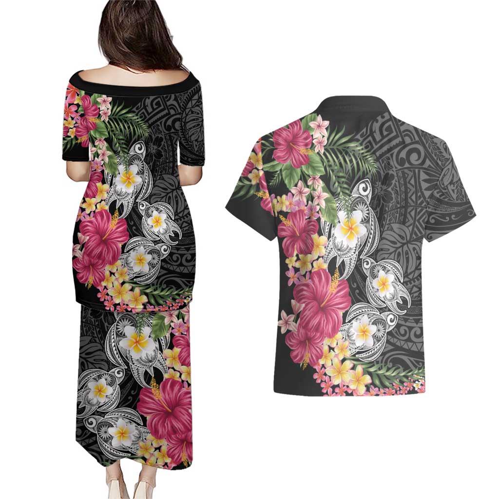 Hawaiian Tropical Flowers and Tribal Turtles Couples Matching Puletasi and Hawaiian Shirt Polynesian Art Motifs Black Color LT03 - Polynesian Pride