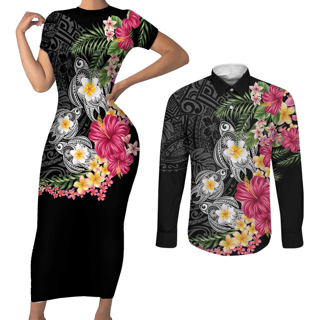 Hawaiian Tropical Flowers and Tribal Turtles Couples Matching Short Sleeve Bodycon Dress and Long Sleeve Button Shirt Polynesian Art Motifs Black Color LT03 Black - Polynesian Pride