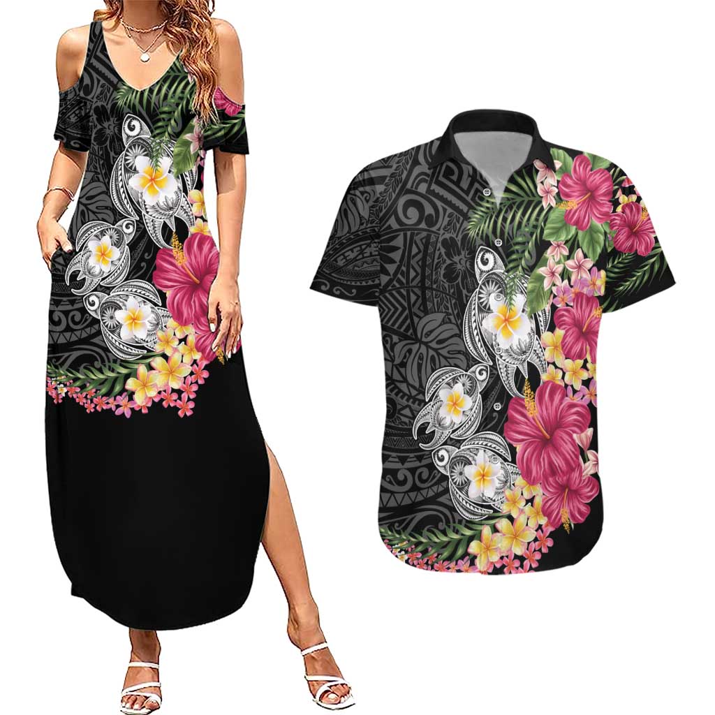 Hawaiian Tropical Flowers and Tribal Turtles Couples Matching Summer Maxi Dress and Hawaiian Shirt Polynesian Art Motifs Black Color - Polynesian Pride