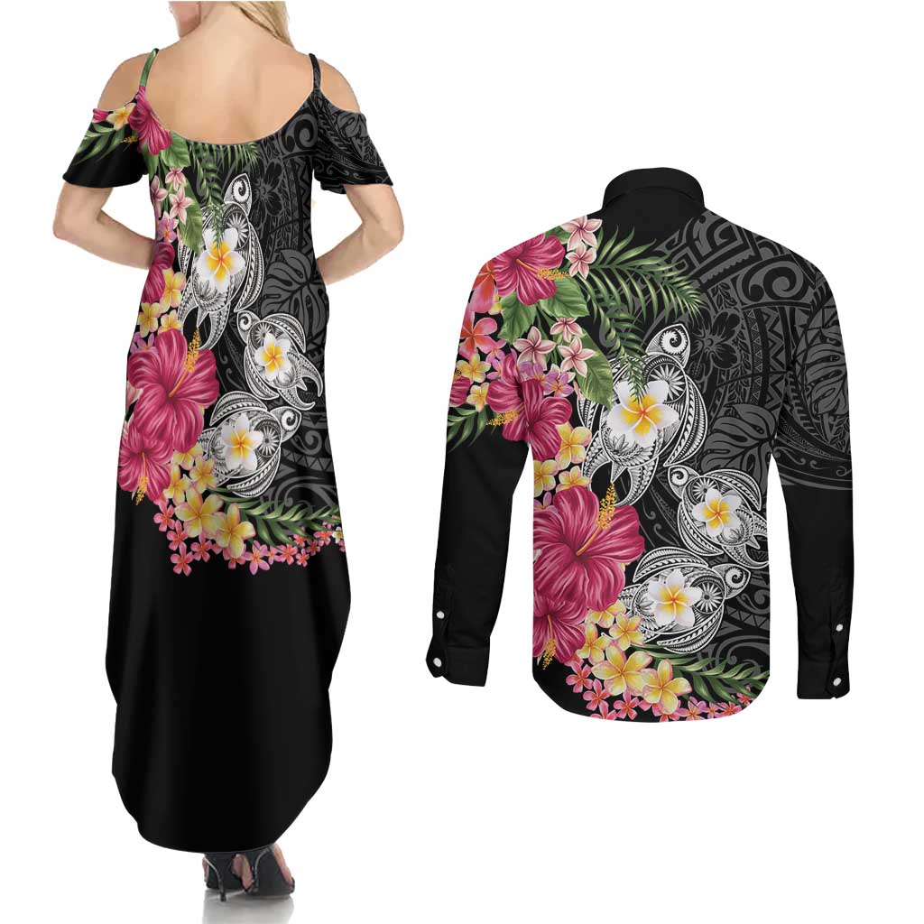 Hawaiian Tropical Flowers and Tribal Turtles Couples Matching Summer Maxi Dress and Long Sleeve Button Shirt Polynesian Art Motifs Black Color LT03 - Polynesian Pride