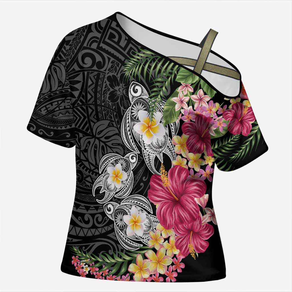 Hawaiian Tropical Flowers and Tribal Turtles Cross Shoulder Shirt Polynesian Art Motifs Black Color - Polynesian Pride