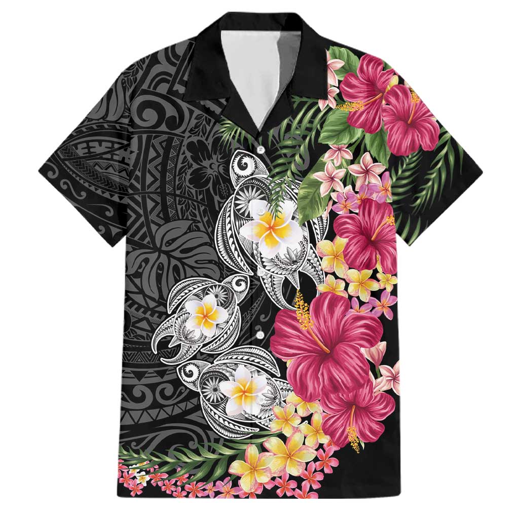 Hawaiian Tropical Flowers and Tribal Turtles Family Matching Mermaid Dress and Hawaiian Shirt Polynesian Art Motifs Black Color LT03 Dad's Shirt - Short Sleeve Black - Polynesian Pride