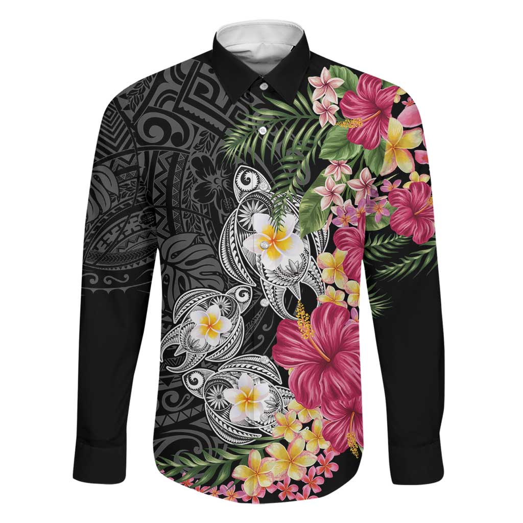 Hawaiian Tropical Flowers and Tribal Turtles Family Matching Mermaid Dress and Hawaiian Shirt Polynesian Art Motifs Black Color LT03 Dad's Shirt - Long Sleeve Black - Polynesian Pride