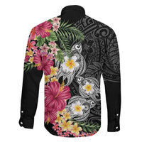 Hawaiian Tropical Flowers and Tribal Turtles Family Matching Off The Shoulder Long Sleeve Dress and Hawaiian Shirt Polynesian Art Motifs Black Color LT03 - Polynesian Pride