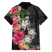 Hawaiian Tropical Flowers and Tribal Turtles Family Matching Off Shoulder Maxi Dress and Hawaiian Shirt Polynesian Art Motifs Black Color LT03 - Polynesian Pride