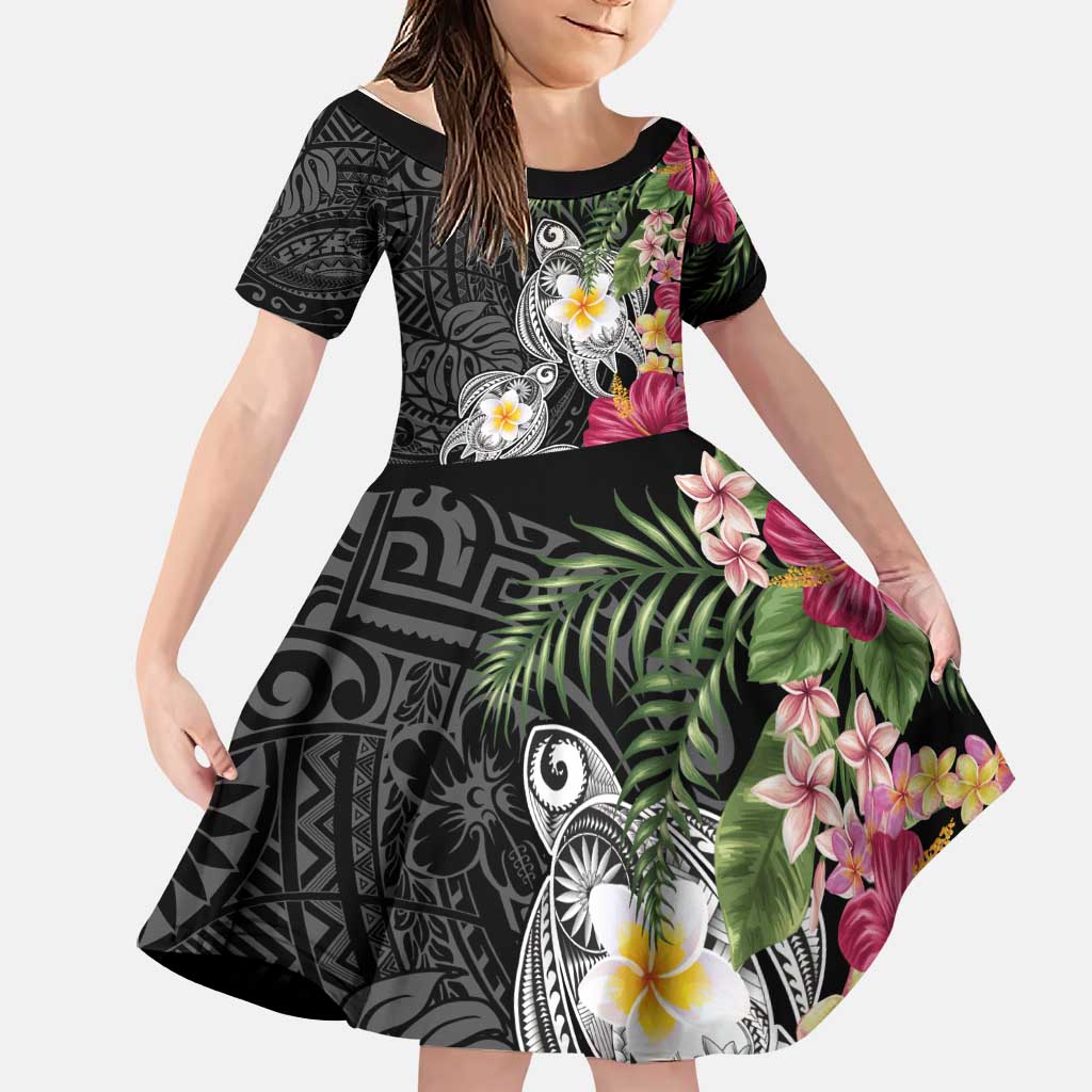 Hawaiian Tropical Flowers and Tribal Turtles Family Matching Off Shoulder Short Dress and Hawaiian Shirt Polynesian Art Motifs Black Color LT03 Daughter's Dress Black - Polynesian Pride