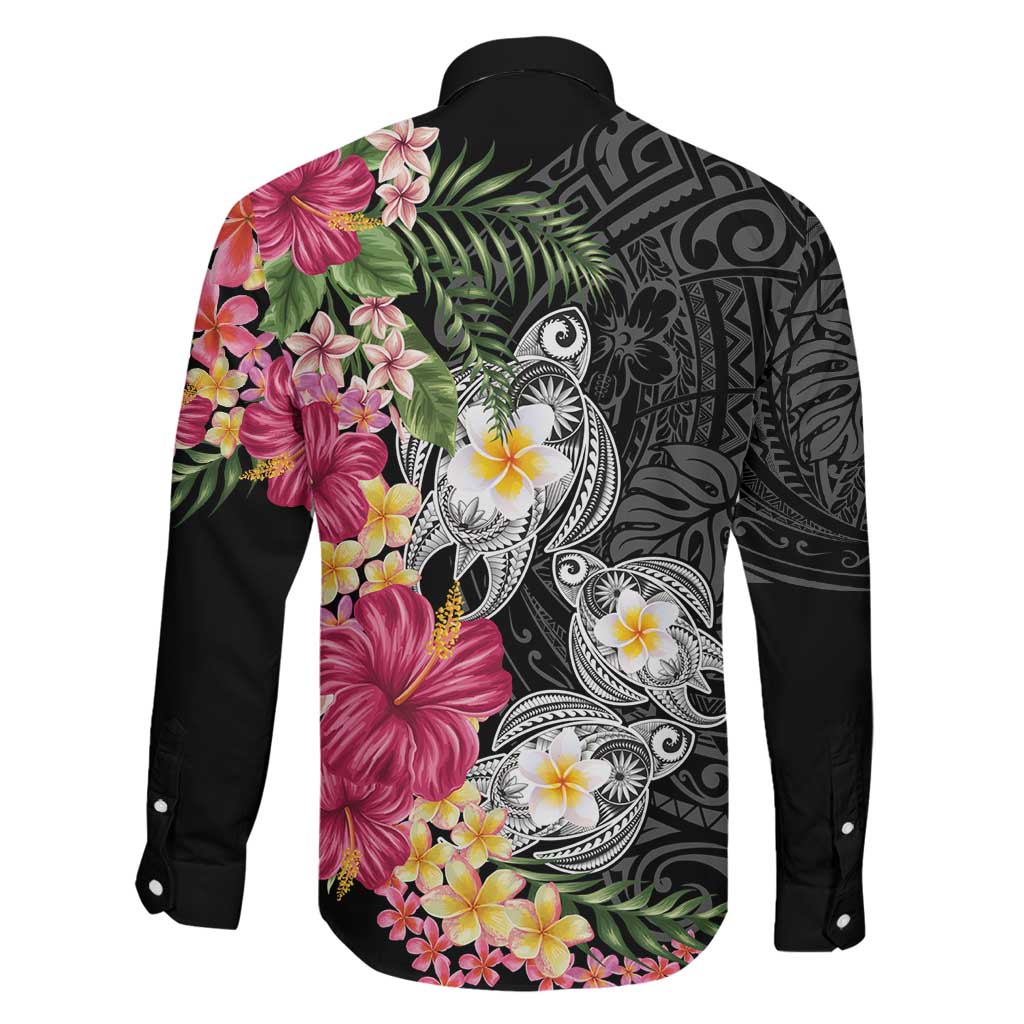 Hawaiian Tropical Flowers and Tribal Turtles Family Matching Puletasi and Hawaiian Shirt Polynesian Art Motifs Black Color LT03 - Polynesian Pride