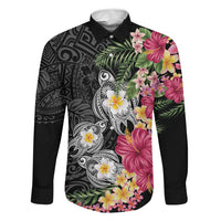 Hawaiian Tropical Flowers and Tribal Turtles Family Matching Short Sleeve Bodycon Dress and Hawaiian Shirt Polynesian Art Motifs Black Color LT03 Dad's Shirt - Long Sleeve Black - Polynesian Pride