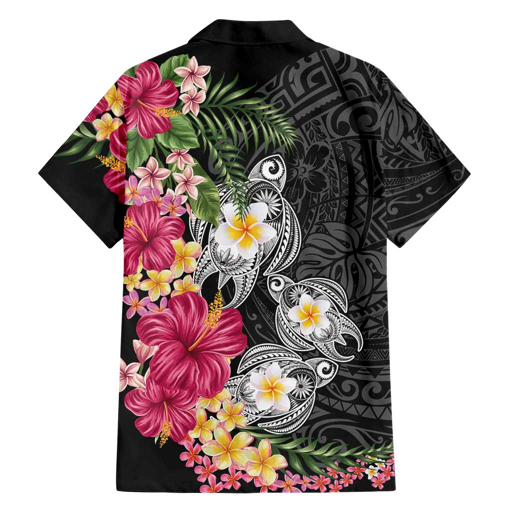 Hawaiian Tropical Flowers and Tribal Turtles Family Matching Tank Maxi Dress and Hawaiian Shirt Polynesian Art Motifs Black Color LT03 - Polynesian Pride
