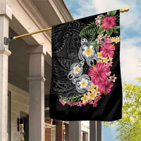 Hawaiian Tropical Flowers and Tribal Turtles Garden Flag Polynesian Art Motifs Black Color LT03 House Flag Black - Polynesian Pride