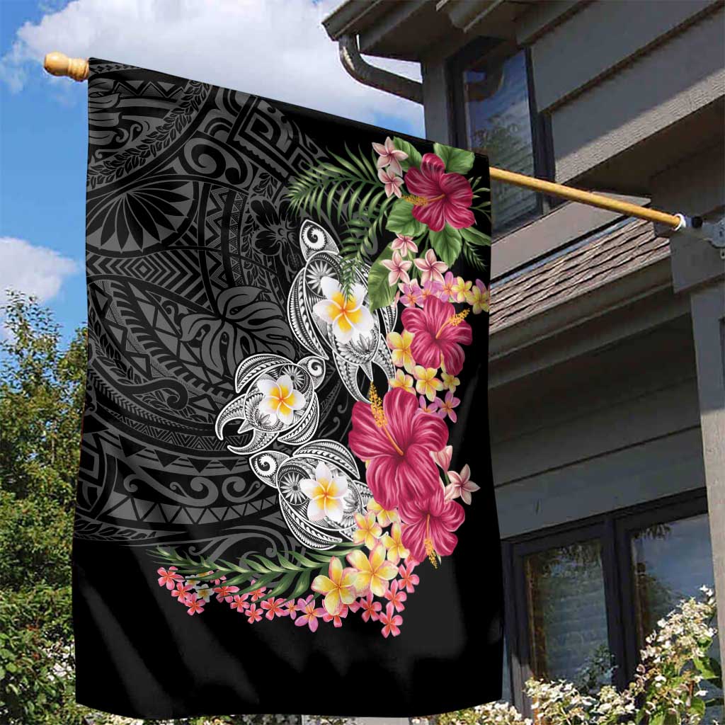 Hawaiian Tropical Flowers and Tribal Turtles Garden Flag Polynesian Art Motifs Black Color LT03 - Polynesian Pride
