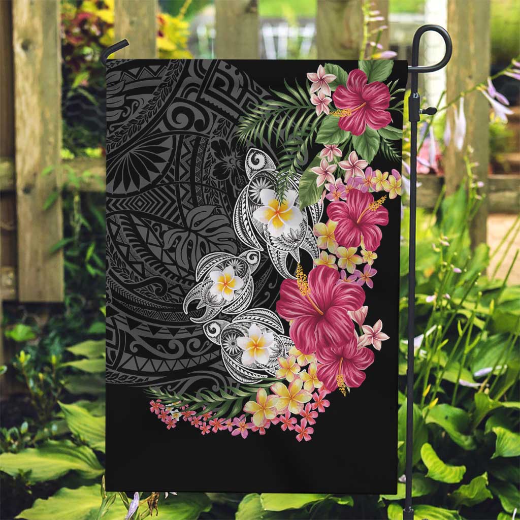 Hawaiian Tropical Flowers and Tribal Turtles Garden Flag Polynesian Art Motifs Black Color LT03 Garden Flag Black - Polynesian Pride