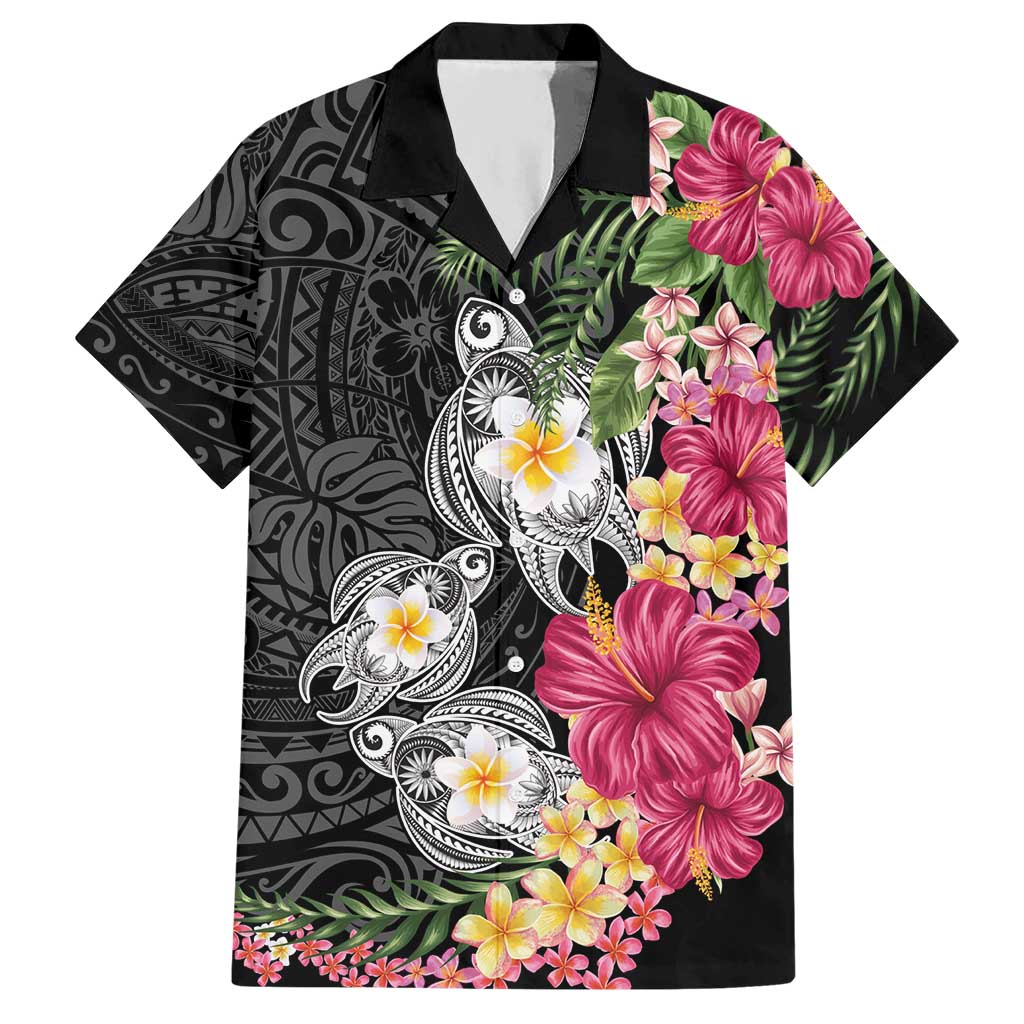 Hawaiian Tropical Flowers and Tribal Turtles Hawaiian Shirt Polynesian Art Motifs Black Color - Polynesian Pride