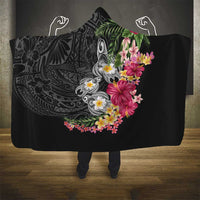 Hawaiian Tropical Flowers and Tribal Turtles Hooded Blanket Polynesian Art Motifs Black Color LT03 - Polynesian Pride