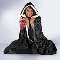Hawaiian Tropical Flowers and Tribal Turtles Hooded Blanket Polynesian Art Motifs Black Color LT03 - Polynesian Pride