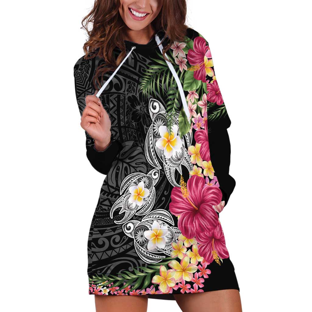 Hawaiian Tropical Flowers and Tribal Turtles Hoodie Dress Polynesian Art Motifs Black Color LT03 Black - Polynesian Pride