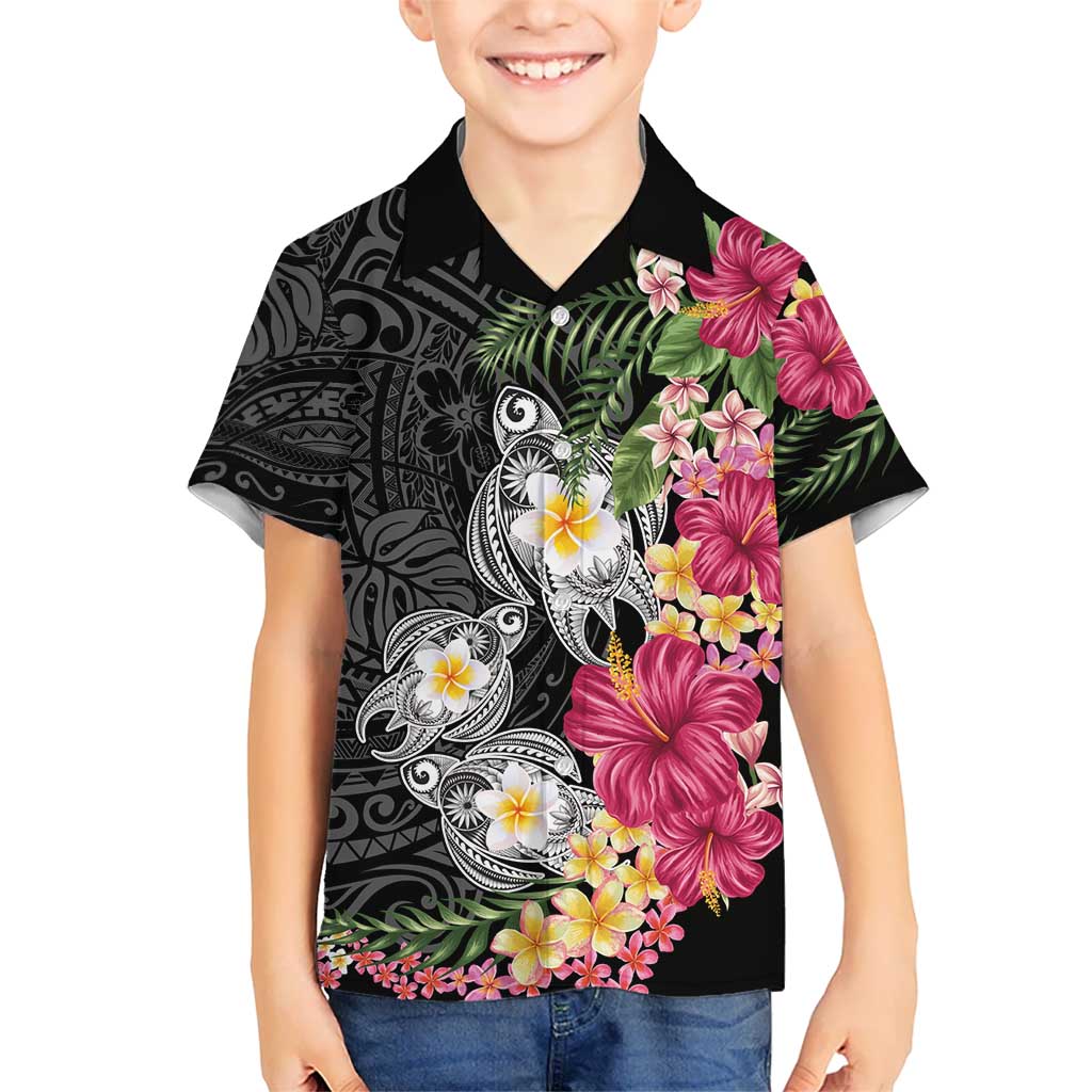 Hawaiian Tropical Flowers and Tribal Turtles Kid Hawaiian Shirt Polynesian Art Motifs Black Color - Polynesian Pride