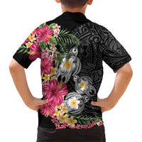 Hawaiian Tropical Flowers and Tribal Turtles Kid Hawaiian Shirt Polynesian Art Motifs Black Color LT03 - Polynesian Pride