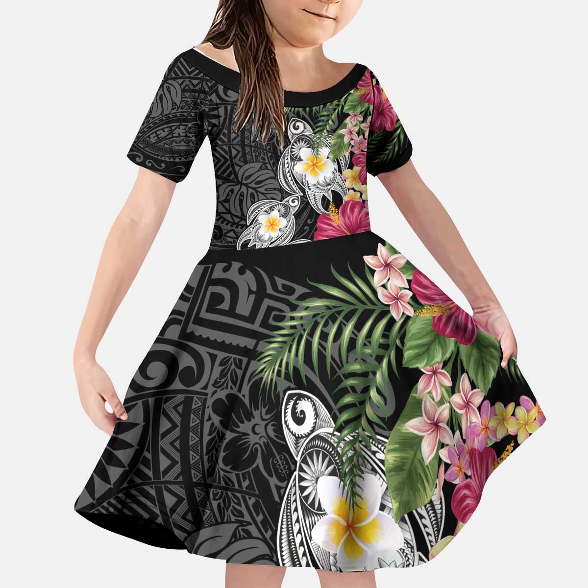 Hawaiian Tropical Flowers and Tribal Turtles Kid Short Sleeve Dress Polynesian Art Motifs Black Color - Polynesian Pride