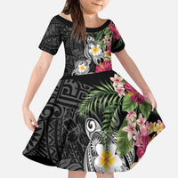 Hawaiian Tropical Flowers and Tribal Turtles Kid Short Sleeve Dress Polynesian Art Motifs Black Color LT03 KID Black - Polynesian Pride