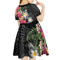 Hawaiian Tropical Flowers and Tribal Turtles Kid Short Sleeve Dress Polynesian Art Motifs Black Color LT03 - Polynesian Pride