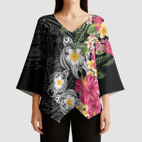 Hawaiian Tropical Flowers and Tribal Turtles Kimono Sleeve Blouse Polynesian Art Motifs Black Color LT03 - Polynesian Pride
