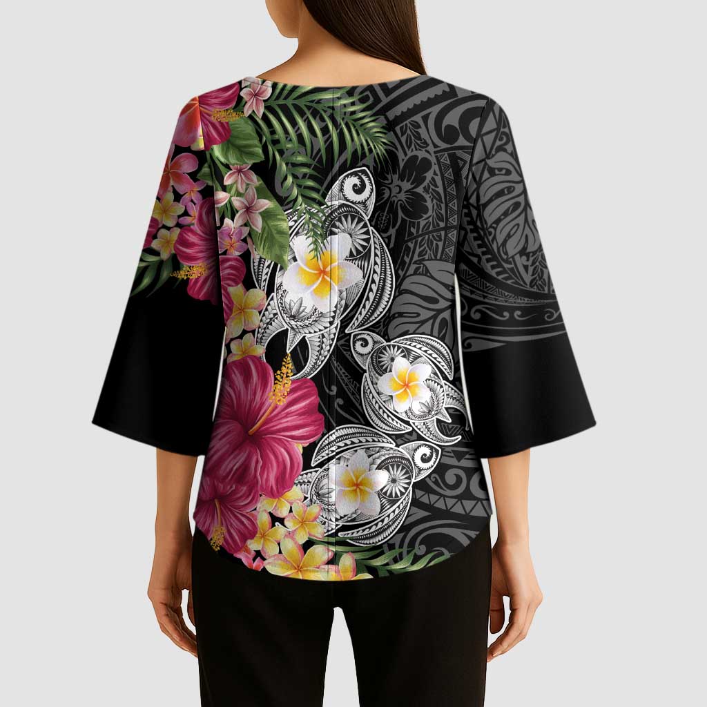 Hawaiian Tropical Flowers and Tribal Turtles Kimono Sleeve Blouse Polynesian Art Motifs Black Color LT03 - Polynesian Pride