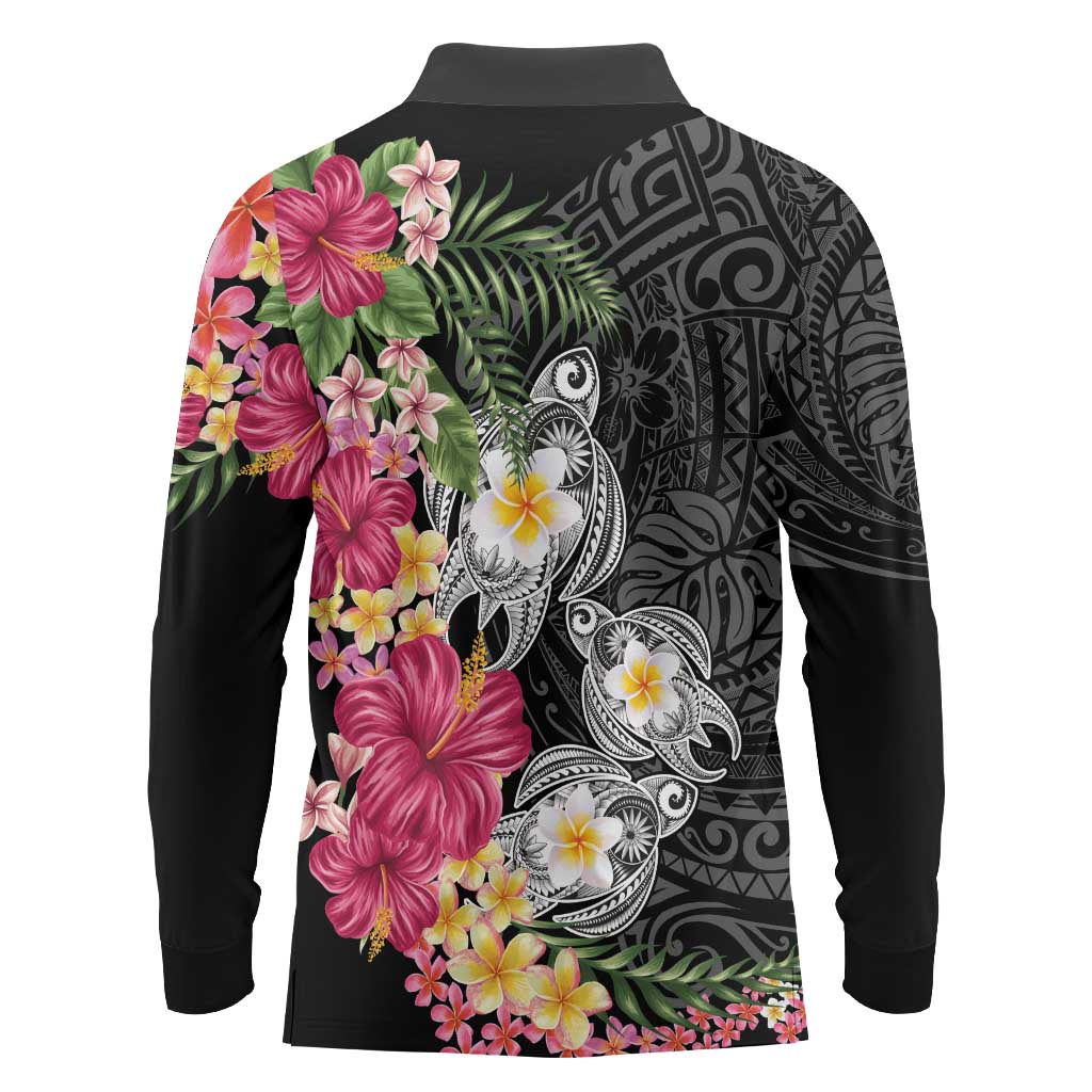 Hawaiian Tropical Flowers and Tribal Turtles Long Sleeve Polo Shirt Polynesian Art Motifs Black Color LT03 - Polynesian Pride