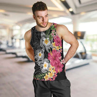Hawaiian Tropical Flowers and Tribal Turtles Men Tank Top Polynesian Art Motifs Black Color LT03 Black - Polynesian Pride