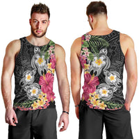 Hawaiian Tropical Flowers and Tribal Turtles Men Tank Top Polynesian Art Motifs Black Color LT03 - Polynesian Pride