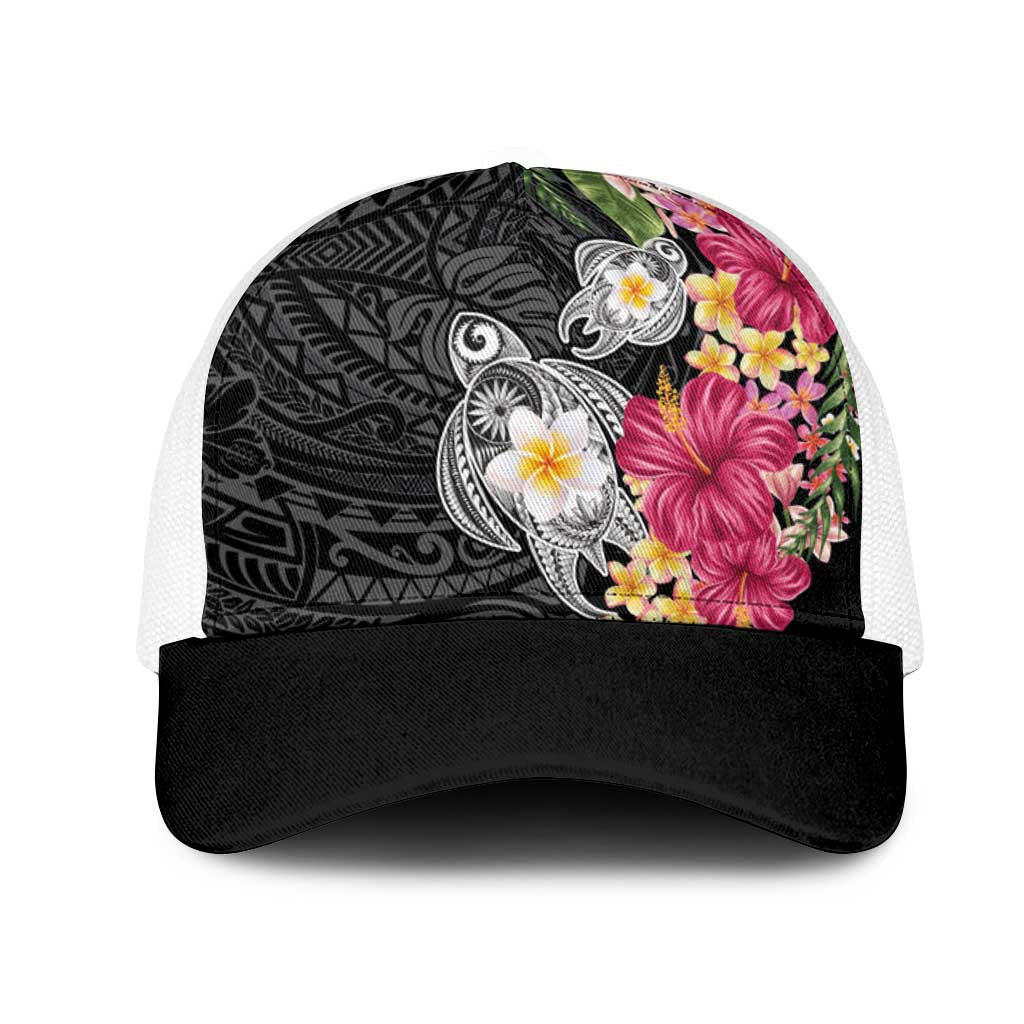 Hawaiian Tropical Flowers and Tribal Turtles Mesh Trucker Cap Polynesian Art Motifs Black Color - Polynesian Pride