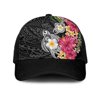 Hawaiian Tropical Flowers and Tribal Turtles Mesh Trucker Cap Polynesian Art Motifs Black Color - Polynesian Pride