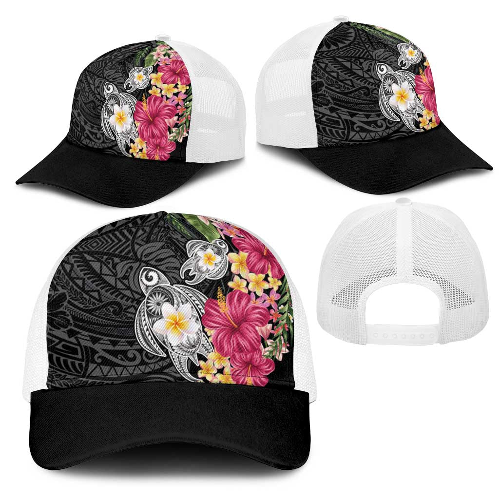 Hawaiian Tropical Flowers and Tribal Turtles Mesh Trucker Cap Polynesian Art Motifs Black Color - Polynesian Pride