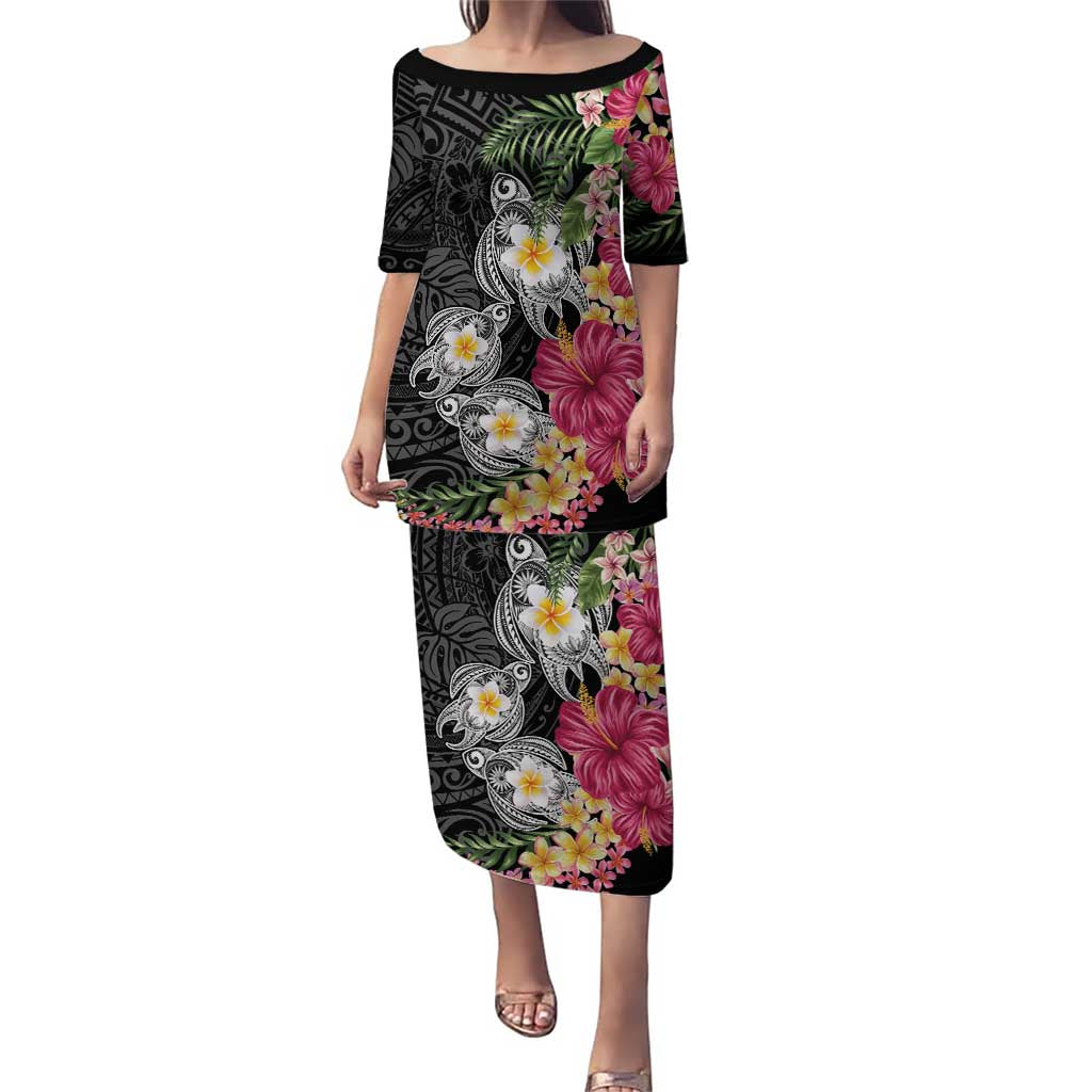 Hawaiian Tropical Flowers and Tribal Turtles Puletasi Polynesian Art Motifs Black Color LT03 Long Dress Black - Polynesian Pride