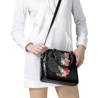 Hawaiian Tropical Flowers and Tribal Turtles Shoulder Handbag Polynesian Art Motifs Black Color - Polynesian Pride